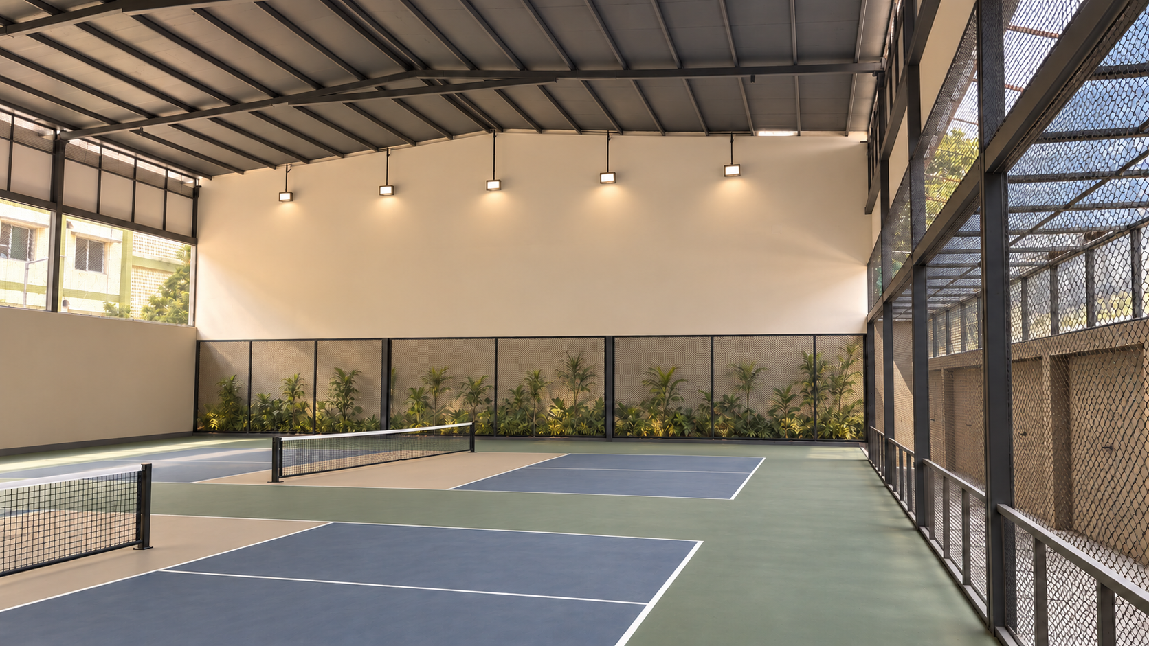 Three pickleball courts under the pergola roof, nets up, the sides open to the trees
