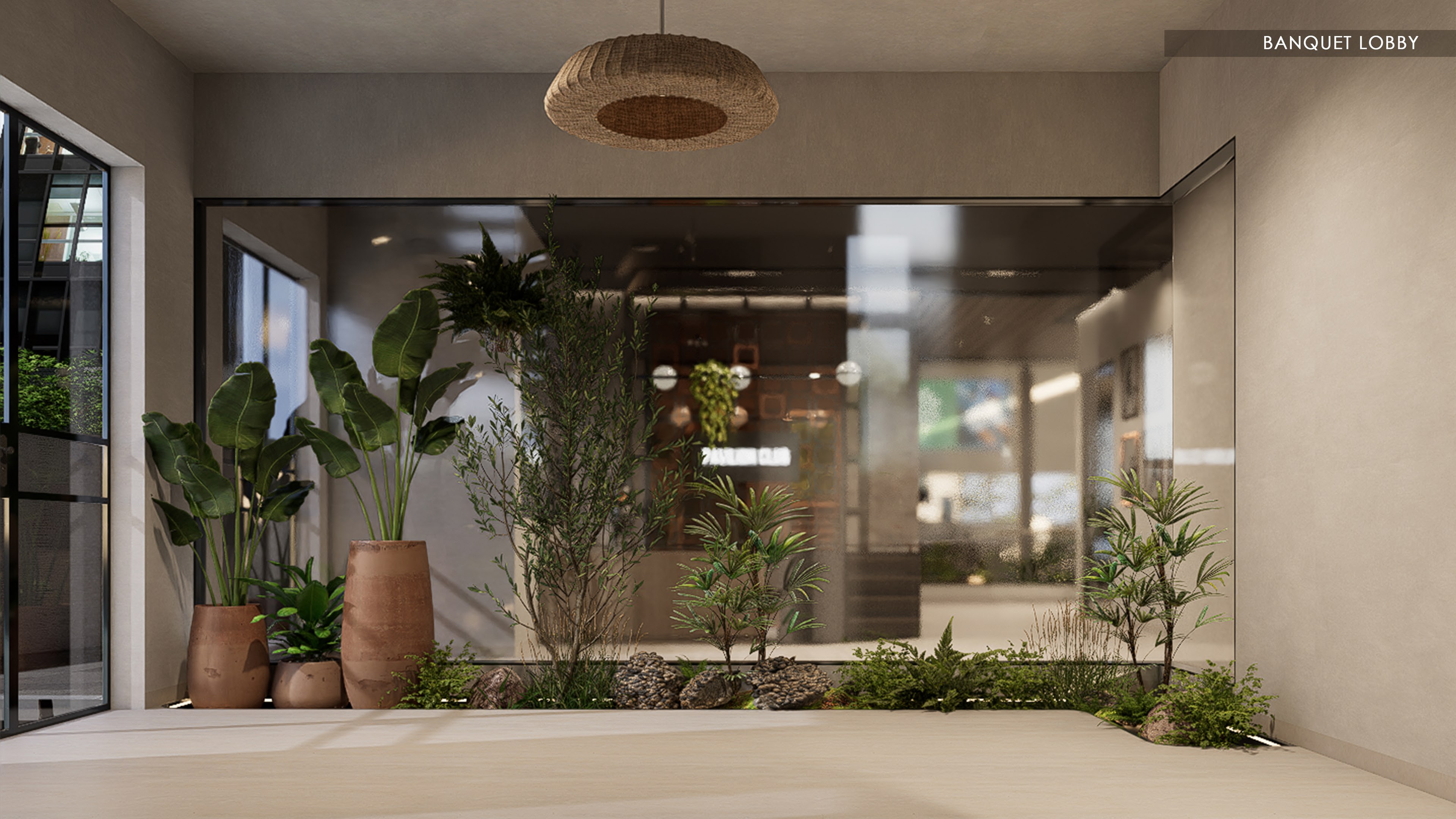 The banquet lobby, glass walls and planting