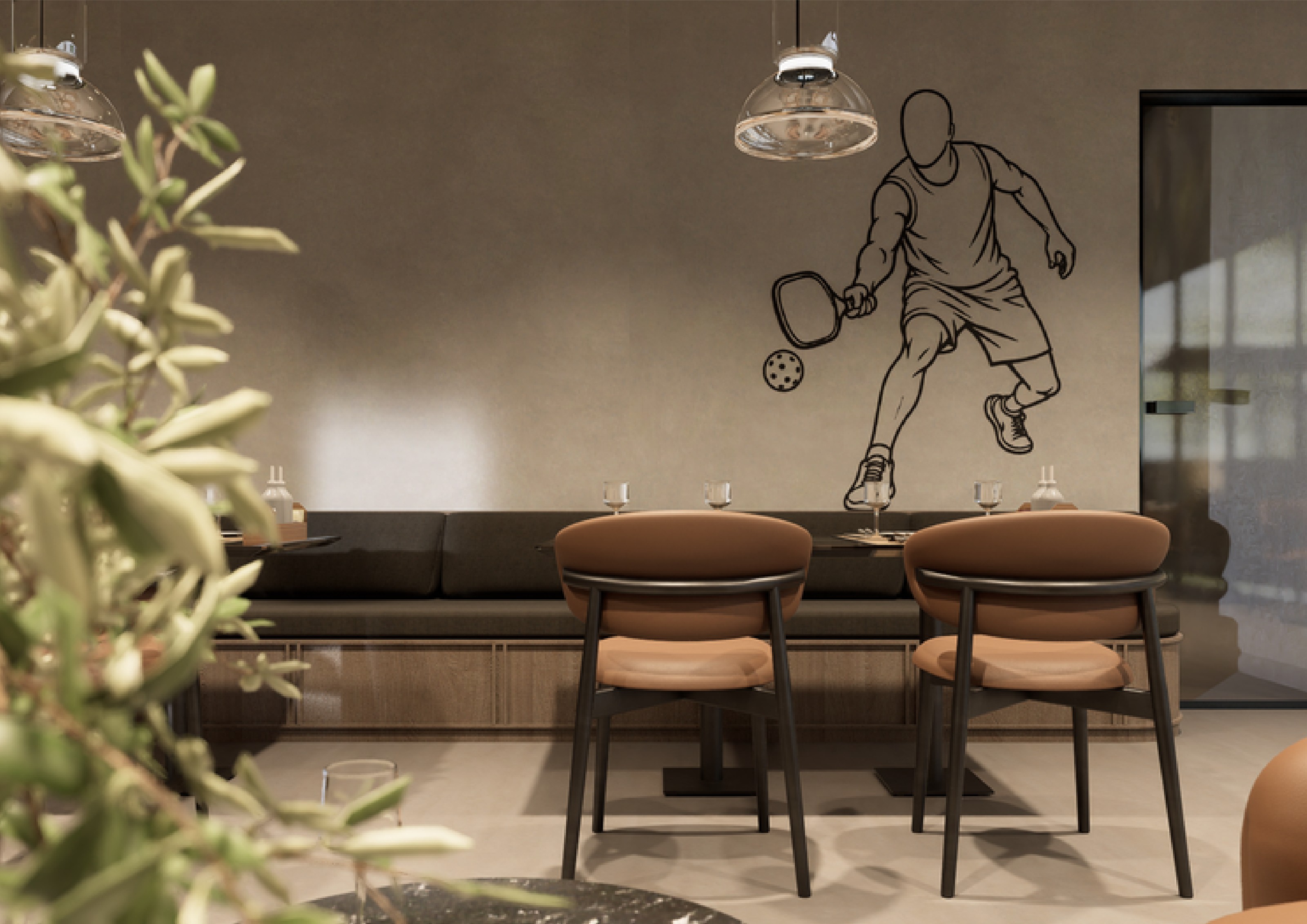 The line-drawn player on the lounge wall