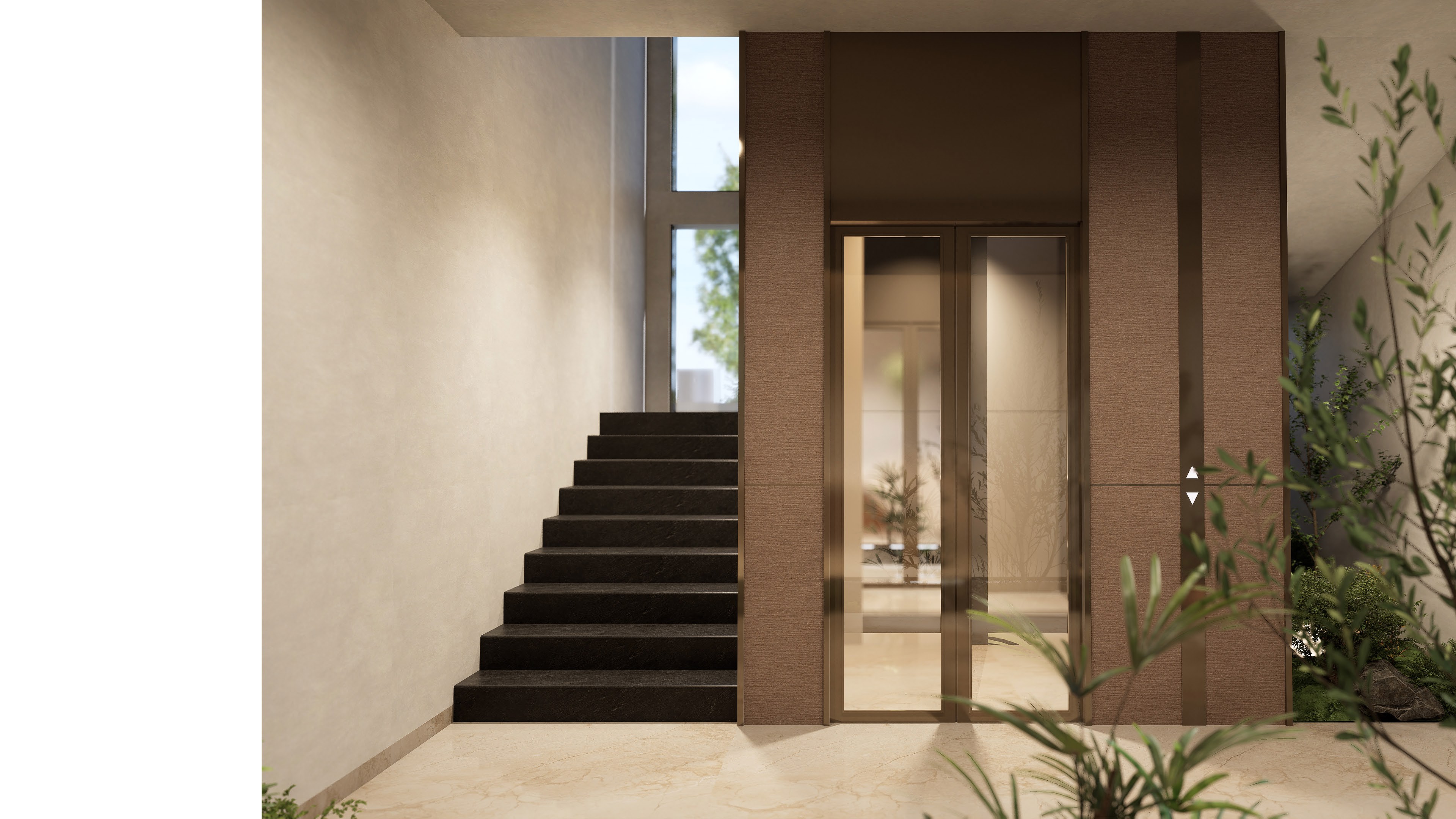 The brass staircase leading up to the banquet hall