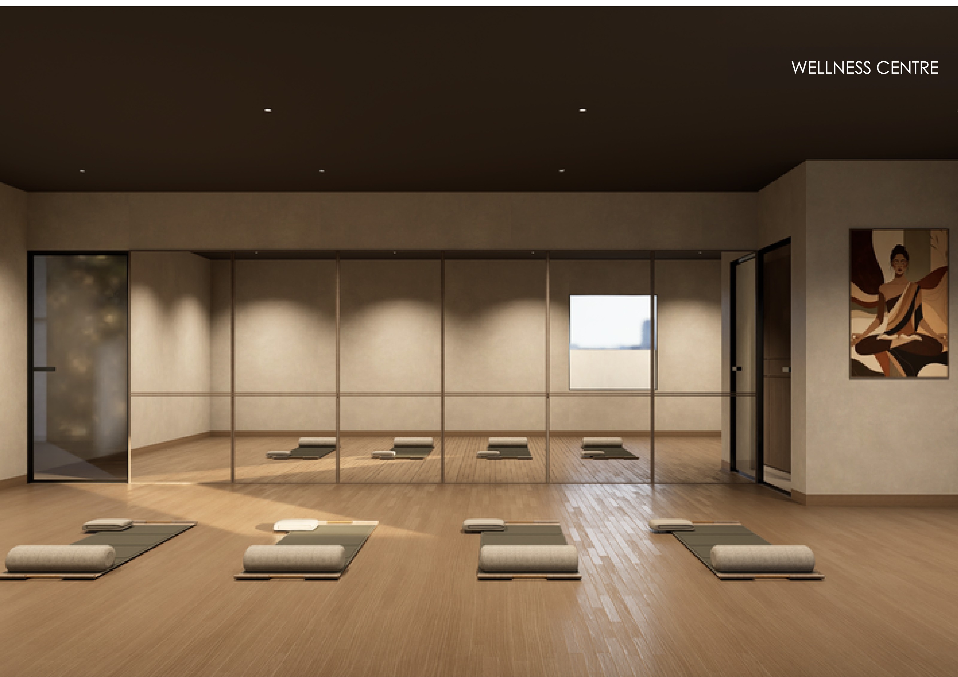 The wellness studio, mirrored, mats laid out